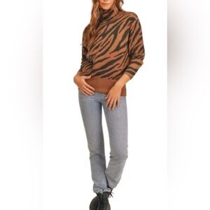 Lush Tiger Stripe Mock Neck Knit Sweater in Brown and Black